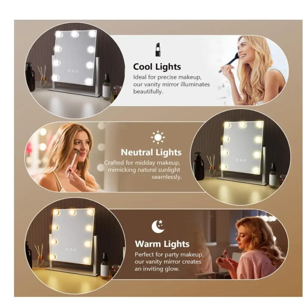 Vanity Mirror 9 LED Bulbs, Touch Control, 3 Colors Light, 360° Rotation